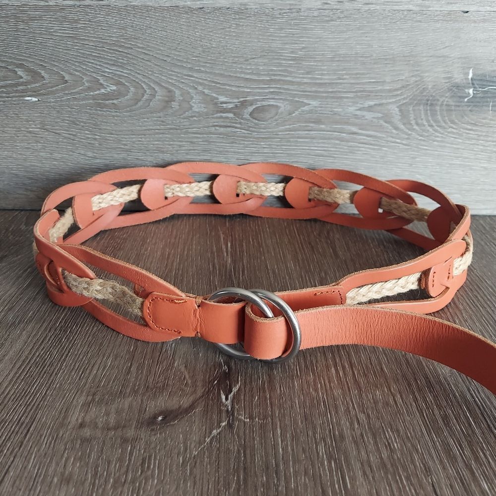 Linea Pelle Leather Link Jute Hip Sling Belt Sz S Orange Cream Ring Buckle Boho